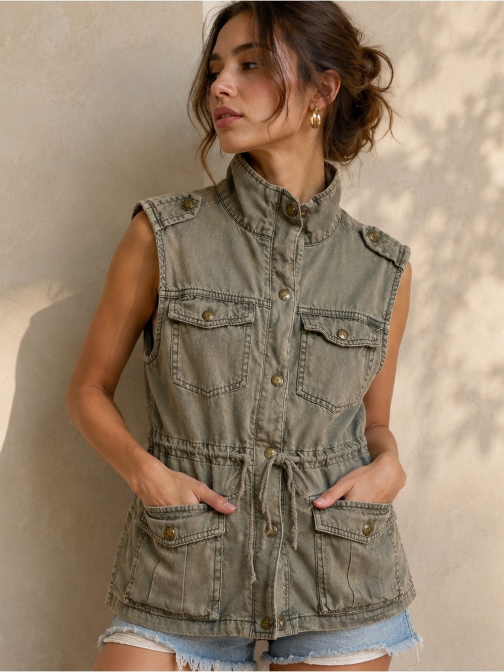 MAX Jeans Olive Green Tencel Utility Safari Cargo Vest Sleeveless Jacket Size M